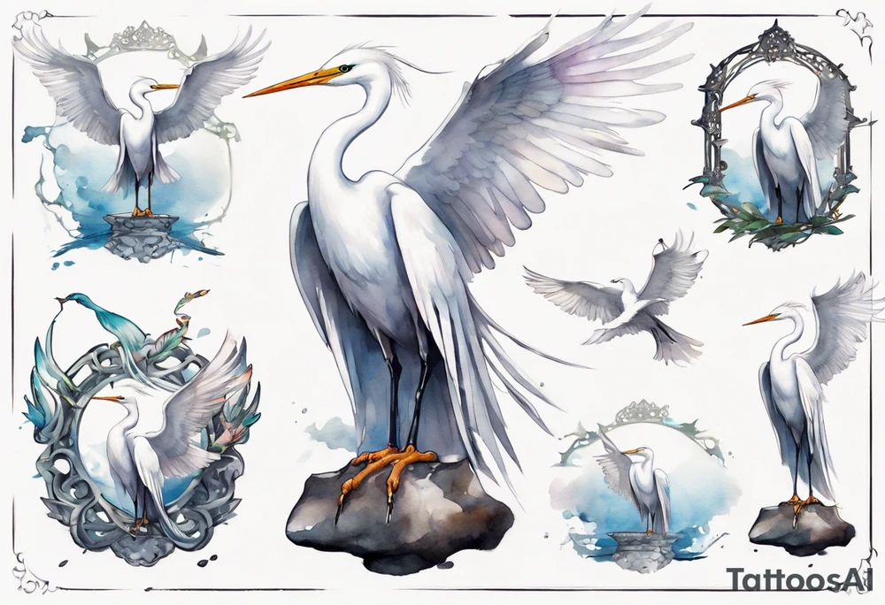 a white egret wearing a plain iron diadem, standing on a stone throne tattoo idea