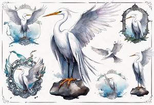 a white egret wearing a plain iron diadem, standing on a stone throne tattoo idea