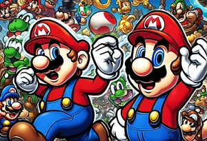 Mario brothers with ghosts and goombas with canons tattoo idea