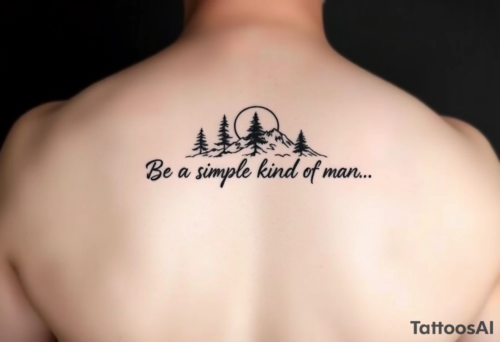 A minimalist tattoo with the words ‘Be a Simple Kind of Man’ in handwritten script, framed by pine trees, mountains, and a rising sun. Evokes peaceful strength and humility. Fine line blackwork for the forearm. Show me it on a forearm tattoo idea
