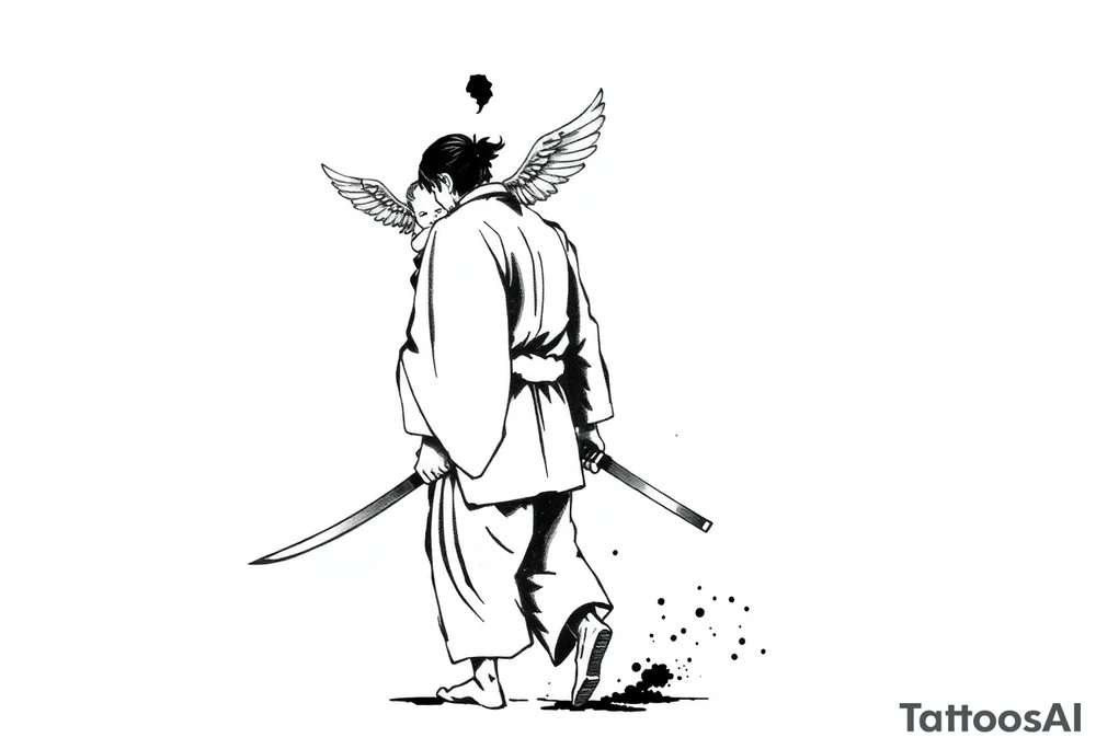 "Blackwork tattoo sketch of a lone samurai walking forward, shown in dramatic silhouette style. The samurai wears traditional kimono and hakama, holding a katana in one hand with the blade pointing downward. Behind him floats a small child angel with detailed feathered wings, gently touching the samurai’s back with one hand, as if stopping or guiding him. Strong contrast, dynamic ink splatter, rough brush strokes, Japanese sumi-e vibe, emotional and symbolic composition, high detail linework, no background." tattoo idea