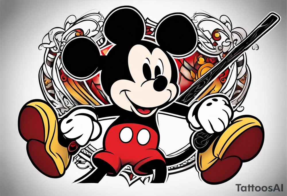 mickey mouse with sticks fighting tattoo idea