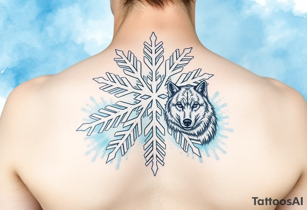 A white snowflake on Blue watercolor backround with two wolf siblings tattoo idea