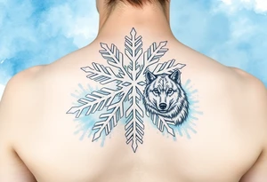 A white snowflake on Blue watercolor backround with two wolf siblings tattoo idea