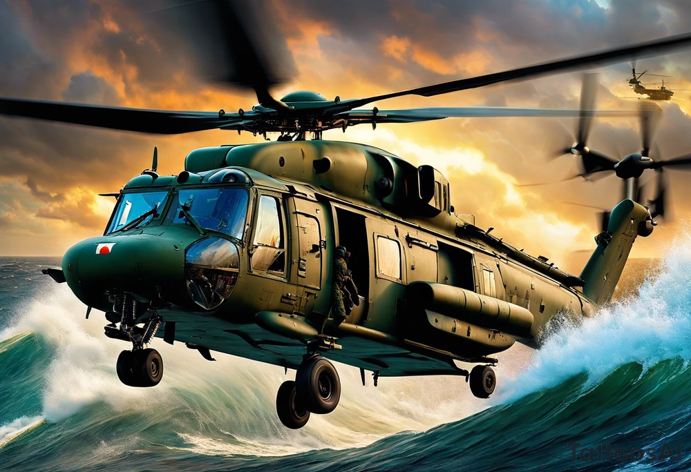 A cinematic-style tattoo depicting a Canadian military CH-148 Cyclone helicopter performing a daring maneuver over a turbulent ocean. The sky should be filled with dramatic clouds, and the sun should be setting, casting long shadows. The helicopter should be the main focus, with intricate details and a sense of motion. In the background, a poppy should be prominently displayed, and a quote from 'Lest We Forget' should be included tattoo idea