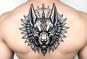 Egyptian Anubis god powerful face muscle in Egypt style dog face surrounded Egyptian symbols based on five elements tattoo idea