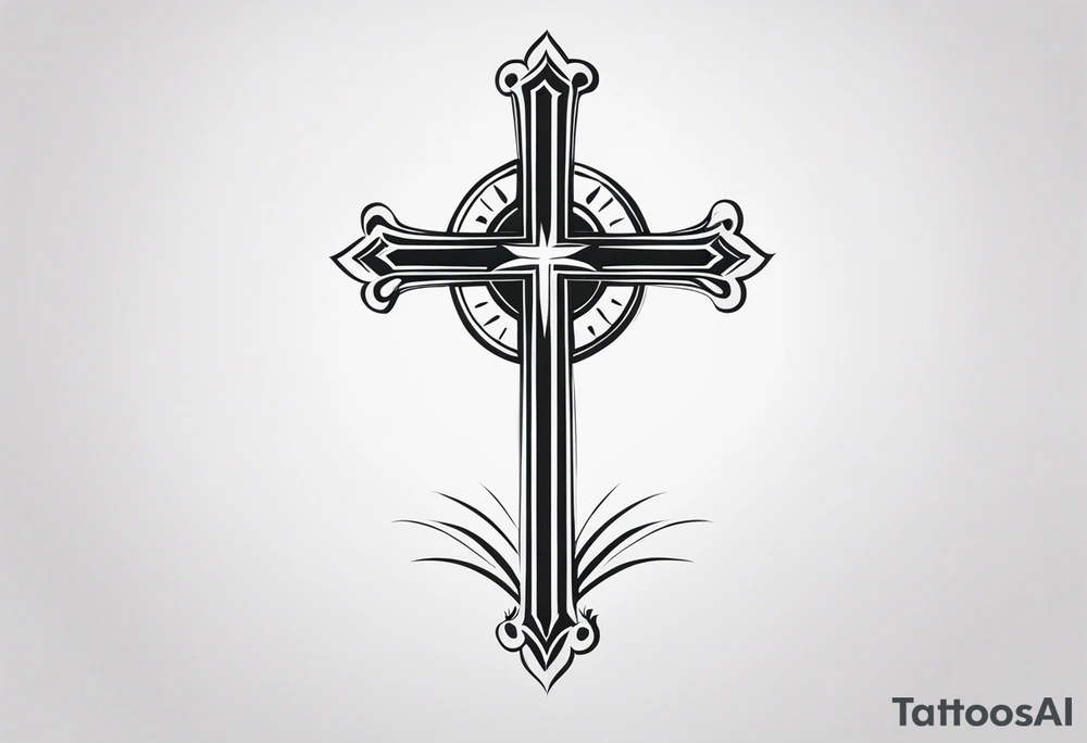 A minimalist tattoo featuring a cross rising from a dark background. The cross should be adorned with a small crown, symbolizing Christ's victory. tattoo idea