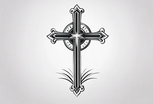 A minimalist tattoo featuring a cross rising from a dark background. The cross should be adorned with a small crown, symbolizing Christ's victory. tattoo idea