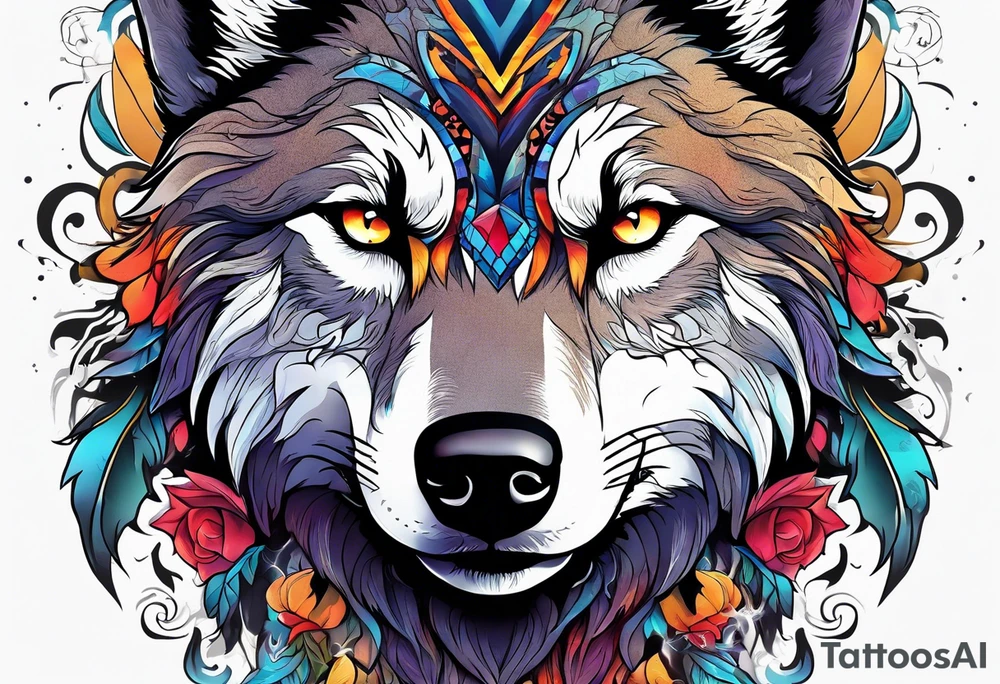 a colorful wolf with a Raven tattoo idea