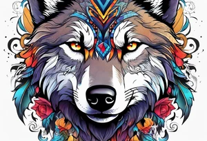 a colorful wolf with a Raven tattoo idea