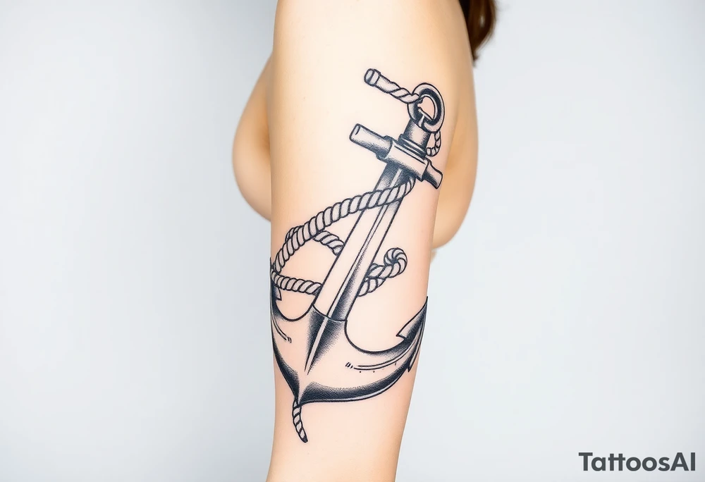 weathered anchor wrapped in nautical rope with sea waves tattoo idea