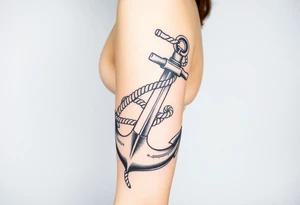 weathered anchor wrapped in nautical rope with sea waves tattoo idea