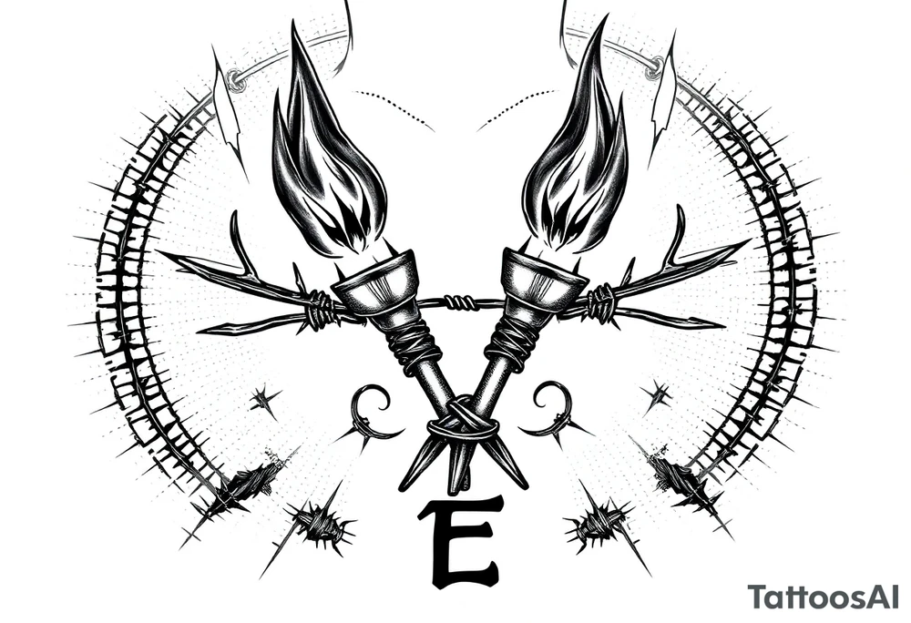 Large blackwork chest and neck tattoo. Two big crossed torches in the center of the chest, tightly wrapped in detailed barbed wire. Intense black flames rise upward from the torches, going high above the neck. The tattoo is massive, fully filled, no empty space. Background filled with dotwork, radial patterns, dark textures similar to the attached reference style. Strong geometric and ornamental filling along the collarbones. At the bottom, large bold letters 'БЛЦС' in a heavy gothic or blocky blackwork font. Entire tattoo done only in black ink, very high detail, dramatic, brutal, symmetrical composition, blackwork / dotwork / engraving style." tattoo idea
