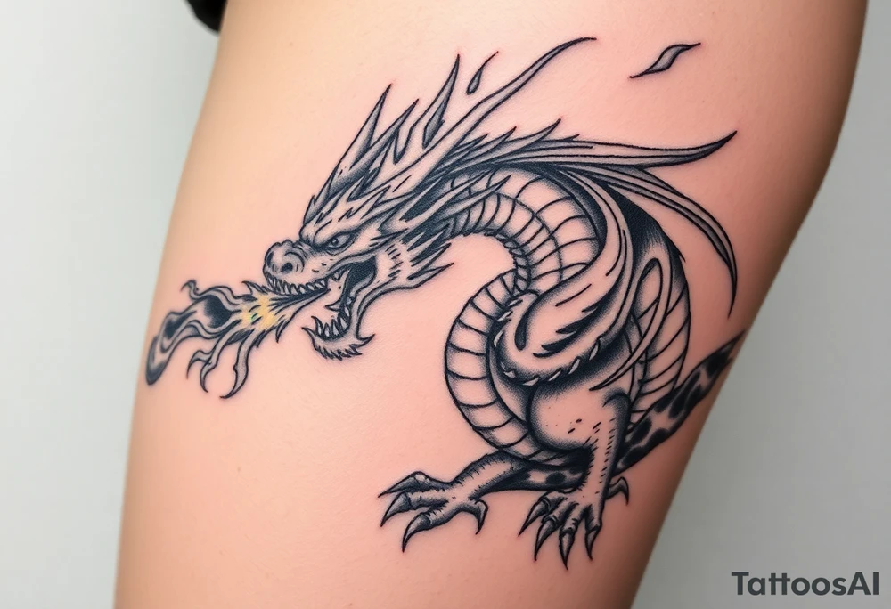 fierce dragon breathing iridescent fire against stormy skies tattoo idea