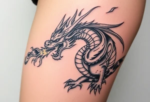 fierce dragon breathing iridescent fire against stormy skies tattoo idea