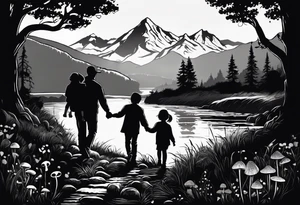 Family silhouette with a father, a mother, older son, older daughter, and small daughter foraging mushrooms with mountains and creek in background tattoo idea