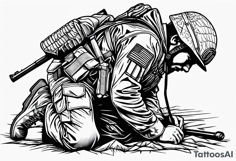 Fallen soldier memorial with kneeling soldier tattoo idea