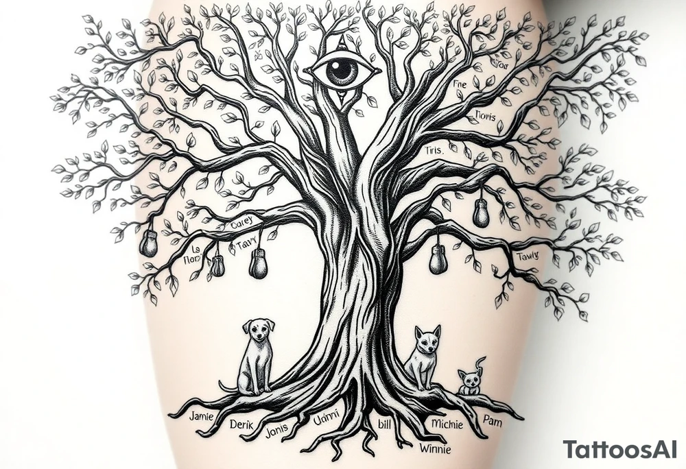 Hippy beech tree full of life.  PRETTY
Jamie, Derek, Iris, John, bill, Winnie names in the roots, Mavis, Garhi, Mickey, Pam, Lucy, in the branches at the top. Names can be in Hebrew. 
Three dogs a Rhodesian Ridgeback, King Charles cavalier and chihuahua. 
Prett, feminine ornate. Boxing gloves hanging from tree maybe with an all seeing eye overseeing it all. Must be feminine and pretty tattoo idea