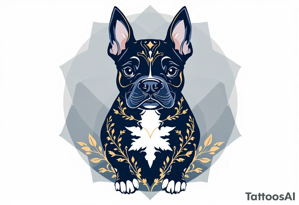 Art Deco Staffordshire Bull Terrier a stylized design with elegant symmetry and gold and deep navy tones, inspired by Art Deco architecture. tattoo idea