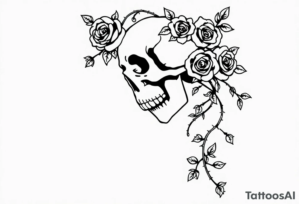 gothic skull intertwined with climbing roses and thorny vines simple weird odd surreal unreal abstract tattoo idea