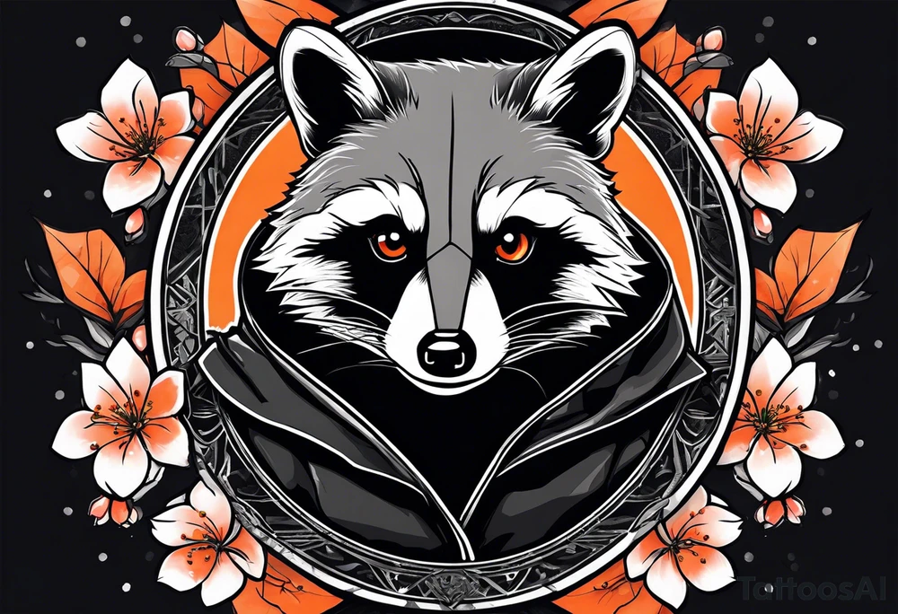 Raccoon wearing a white Superman logo on a black hoodie and orange Japanese cherry blossoms tattoo idea
