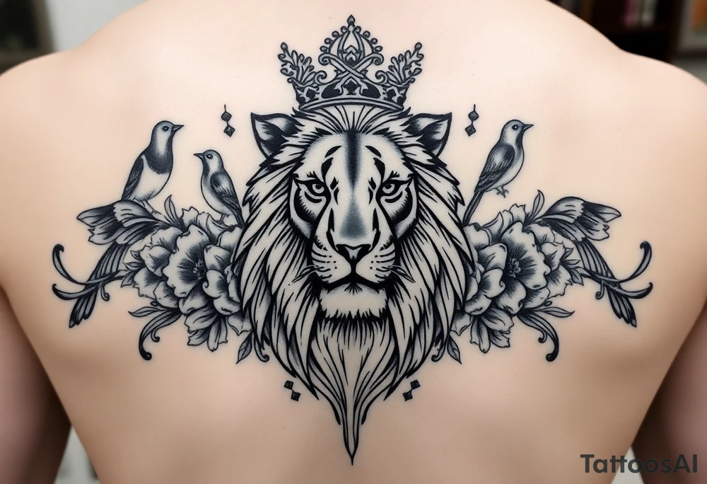 powerful majestic lion with a crown, surrounded by floral ornaments and birds tattoo idea