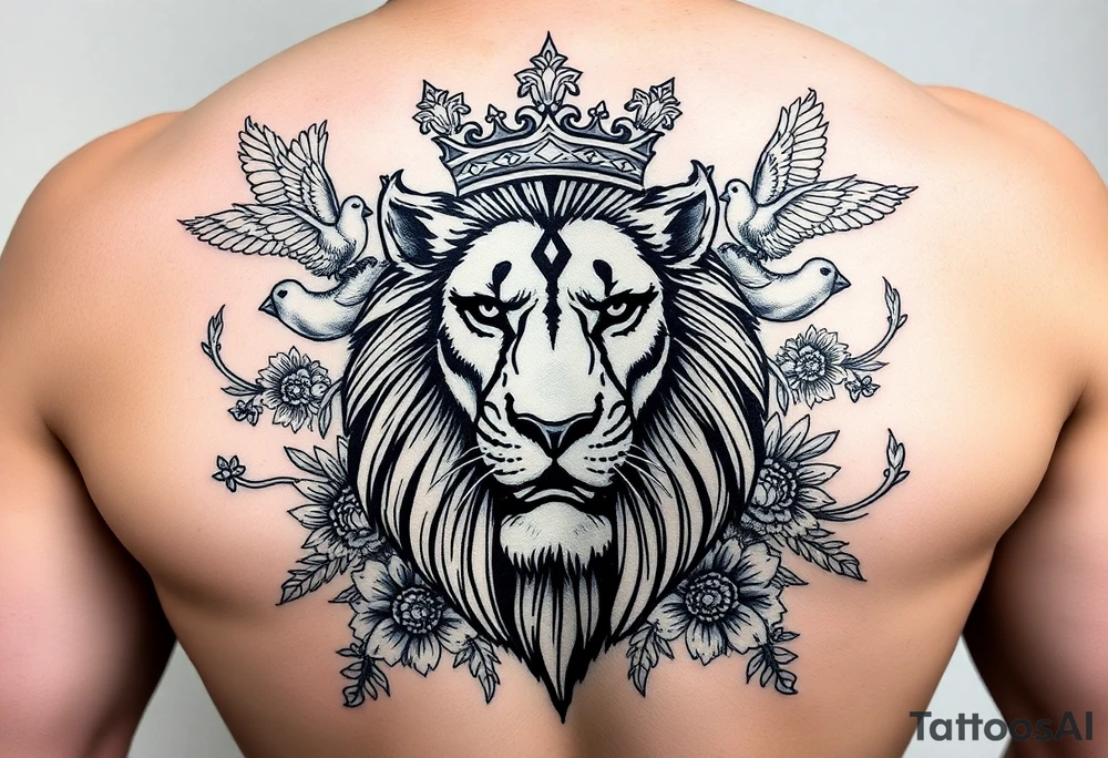 powerful majestic lion with a crown, surrounded by floral ornaments and birds tattoo idea