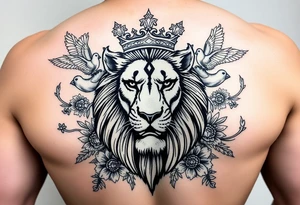 powerful majestic lion with a crown, surrounded by floral ornaments and birds tattoo idea