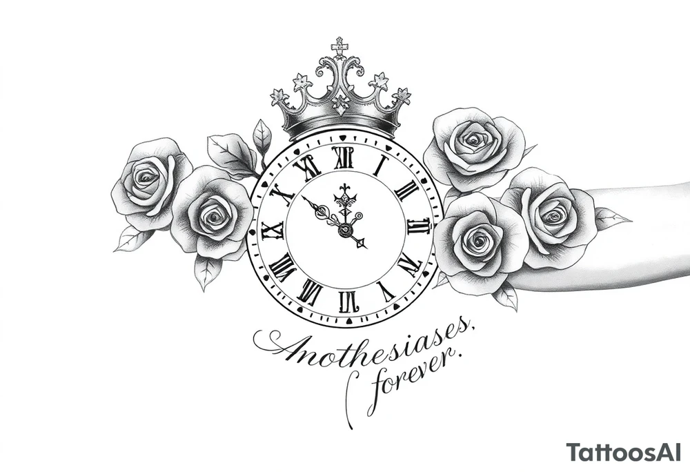 Roman clock with a crown, surrounded by 3 roses and a quote that says nothings forever tattoo idea
