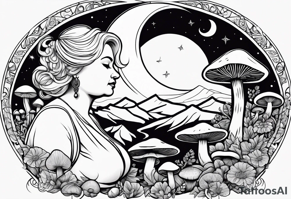 Older blonde fat woman no makeup surrounded by mushrooms mountains crescent moon background tattoo idea