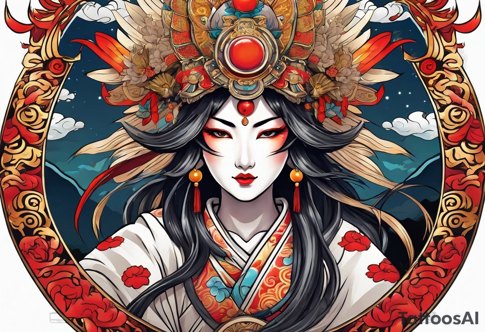 Japanese sun goddess Amaterasu with headdress holing mirror tattoo idea