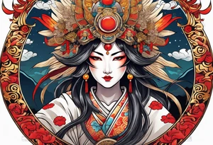 Japanese sun goddess Amaterasu with headdress holing mirror tattoo idea