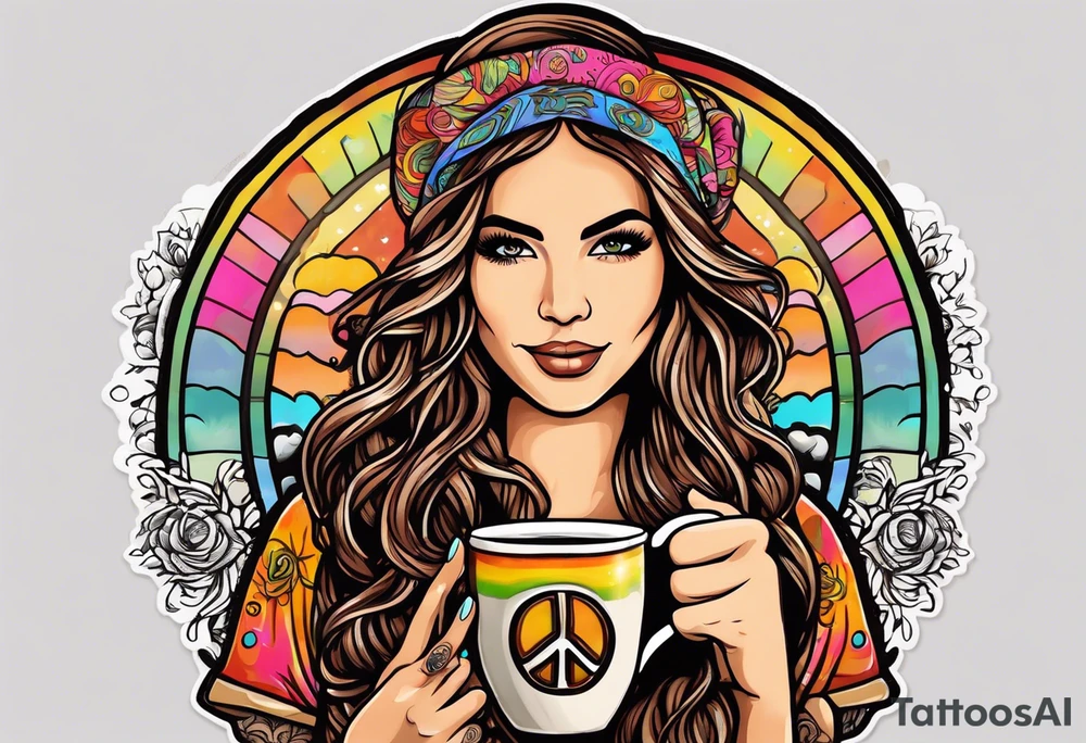 Groovy Coffee shop logo with hippie girl holding a peace sign on hand, peace sign on coffee mug tattoo idea