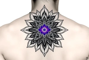 Merkaba symbol on a flower of life background, on the back top, the merkaba should be 3D with purple white colored, tattoo idea