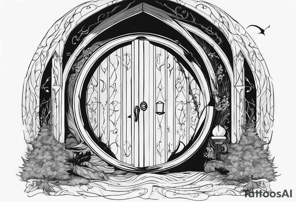 Lord of the rings and Harry Potter movie mashup. Small and simple. Not too much artistic detail. Hobbit door hole, wands, elvish writing, deathly hallows tattoo idea