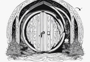 Lord of the rings and Harry Potter movie mashup. Small and simple. Not too much artistic detail. Hobbit door hole, wands, elvish writing, deathly hallows tattoo idea