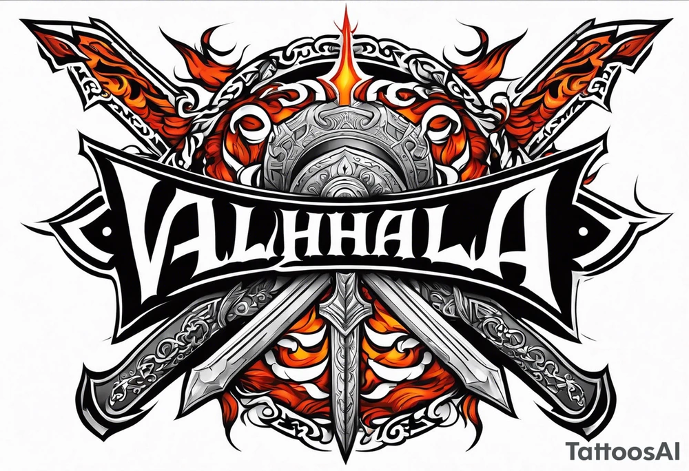 Valhalla on  fire shield sword tattoo idea