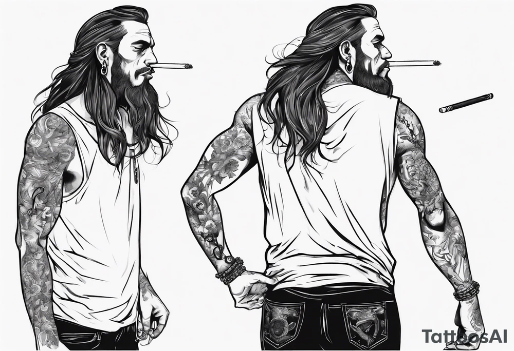 A man standing full-length, with long hair, smoking a cigarette, with earrings in his ears, no headgear tattoo idea