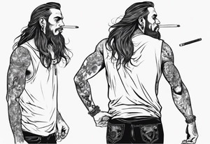A man standing full-length, with long hair, smoking a cigarette, with earrings in his ears, no headgear tattoo idea