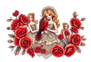 Vintage dollies, red roses, lace, red bird, vintage, wrap around, tighter together, no space open tattoo idea