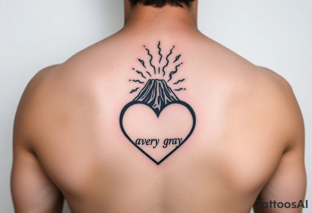 Geometric Volcano tattoo erupting in a heart with text Avery Gray tattoo idea
