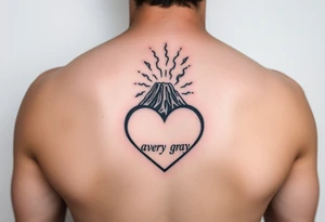 Geometric Volcano tattoo erupting in a heart with text Avery Gray tattoo idea