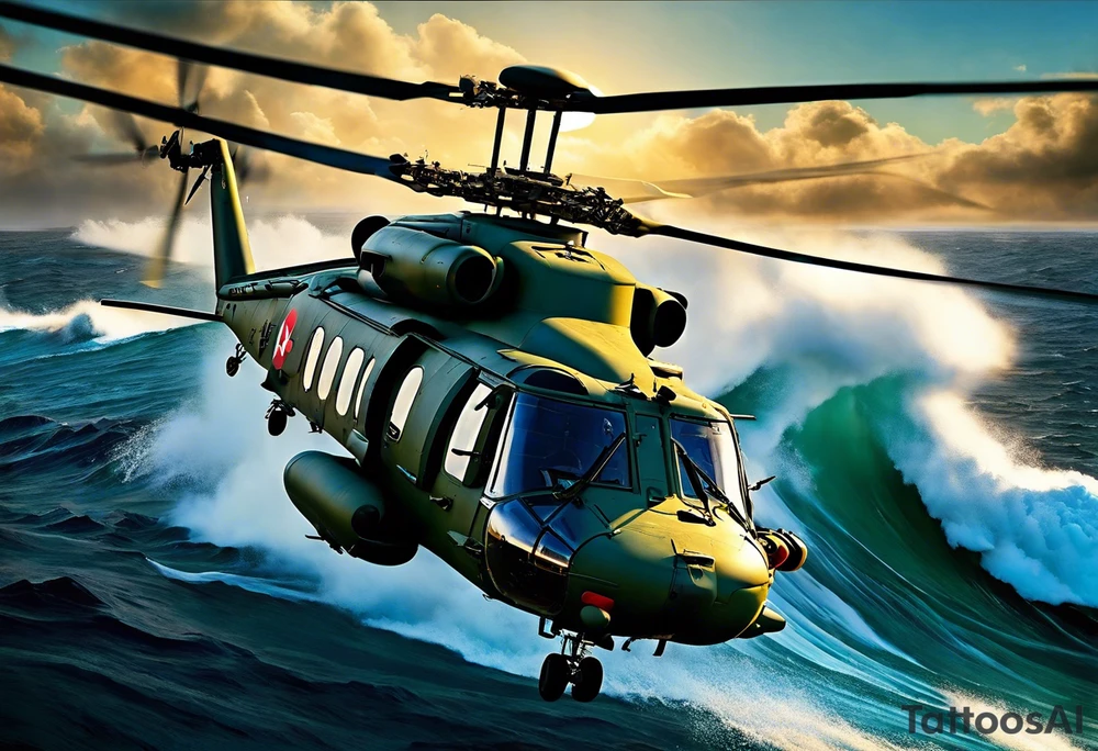 A cinematic-style tattoo depicting a Canadian military CH-148 Cyclone helicopter performing a daring maneuver over a turbulent ocean. The sky should be filled with dramatic clouds, and the sun should be setting, casting long shadows. The helicopter should be the main focus, with intricate details and a sense of motion tattoo idea