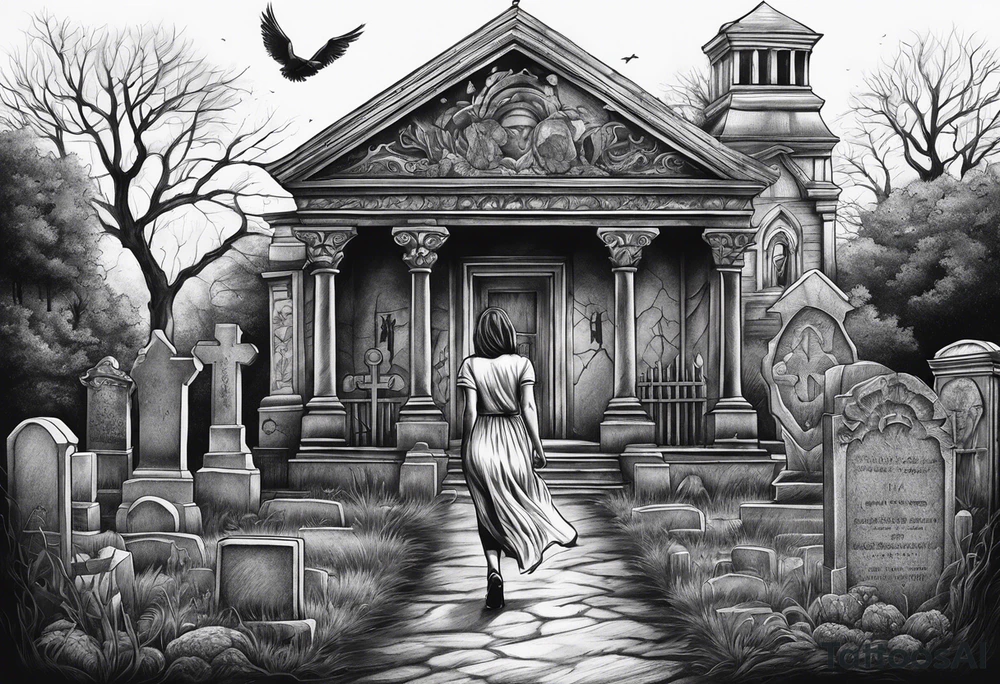 Woman walking out of a graveyard  leaving her old terrifying past behind her tattoo idea