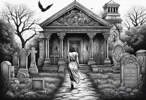 Woman walking out of a graveyard  leaving her old terrifying past behind her tattoo idea
