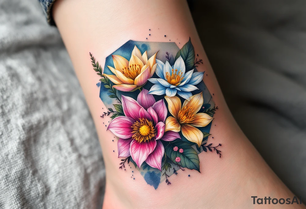 Leo, larkspur and water lily surrounded by a hexagon tattoo idea