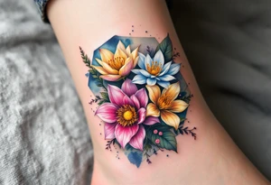 Leo, larkspur and water lily surrounded by a hexagon tattoo idea