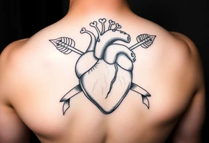 anatomical heart pierced by ornate arrow with flowing ribbons tattoo idea