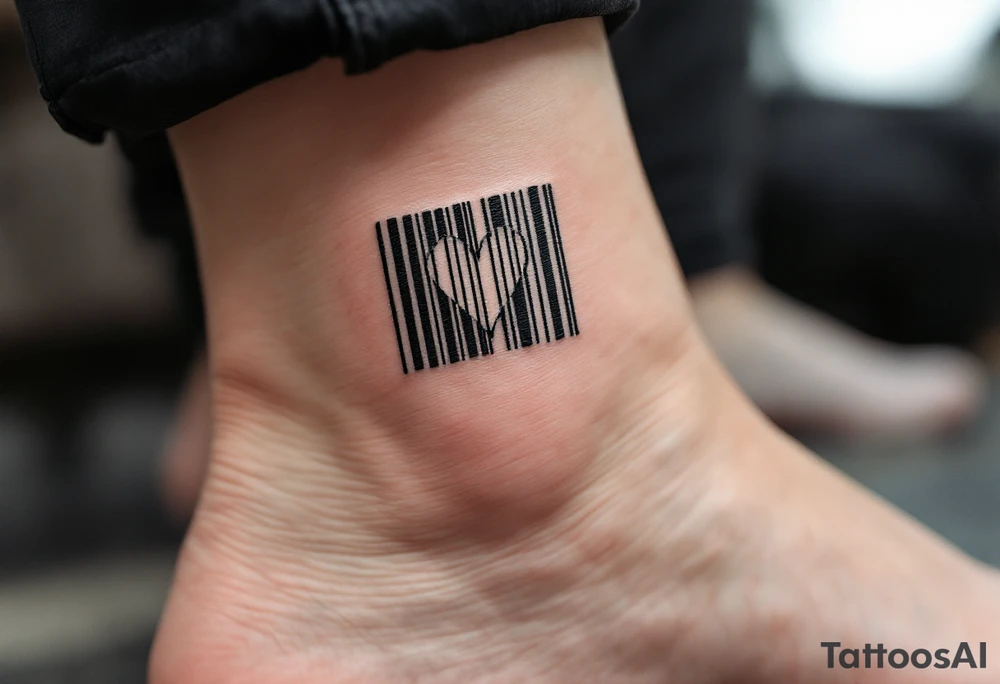 A sleek black barcode with a hidden heart symbol embedded within the lines, subtly revealing love when viewed closely. tattoo idea