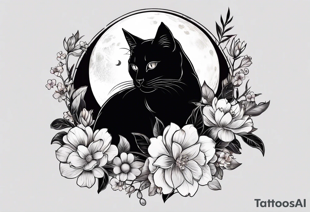 Photo realistic black cat with moon and flowers tattoo idea